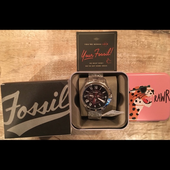 NEW FOSSIL SILVER/BURGUNDY CHRONOGRAPH MEN'S WATCH - Picture 1 of 2